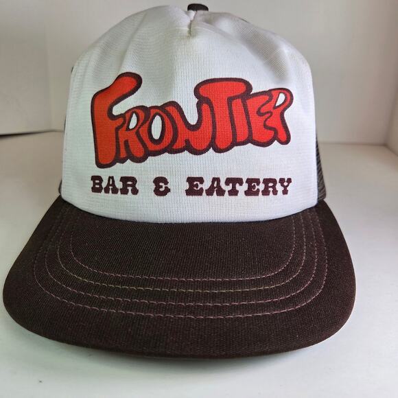 Vintage Frontier Bar & Eatery Trucker Hat Snapback Mesh Cap Brown White USA - Picture 1 of 11